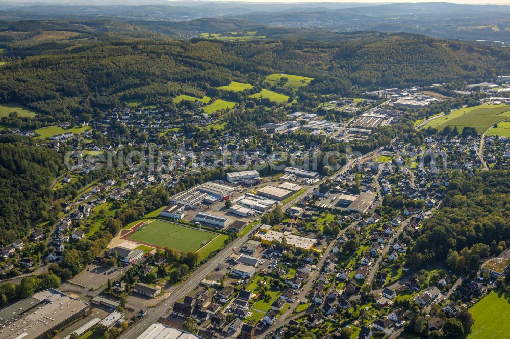 Kreuztal from above - Industrial estate and company settlement and Sportplatz on Auwiese - Marburger Strasse in Kreuztal in the state North Rhine-Westphalia, Germany