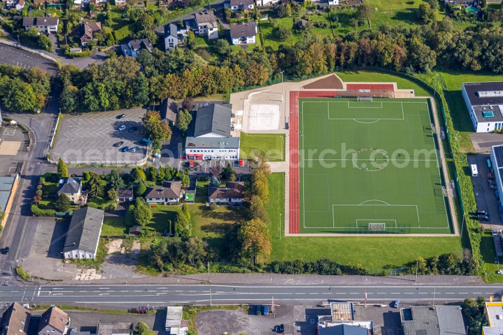 Aerial image Kreuztal - Industrial estate and company settlement and Sportplatz on Auwiese - Marburger Strasse in Kreuztal in the state North Rhine-Westphalia, Germany