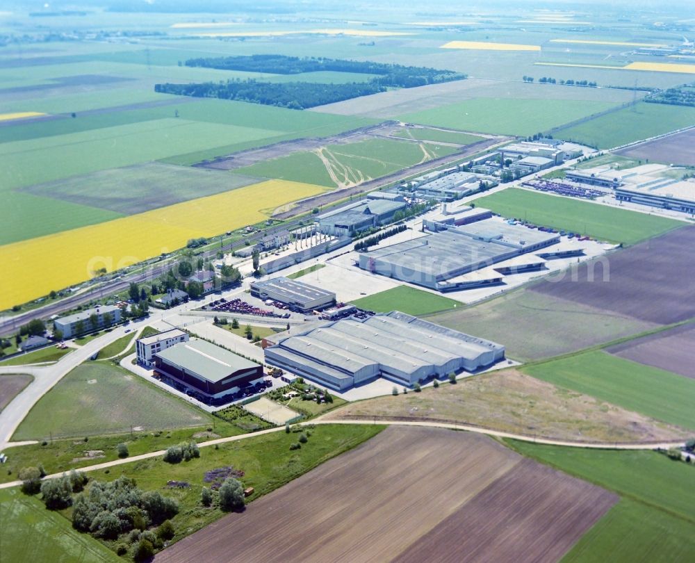 Poing from the bird's eye view: Industrial estate and company settlement with dem Stahlgruber Headoffice in Poing in the state Bavaria, Germany