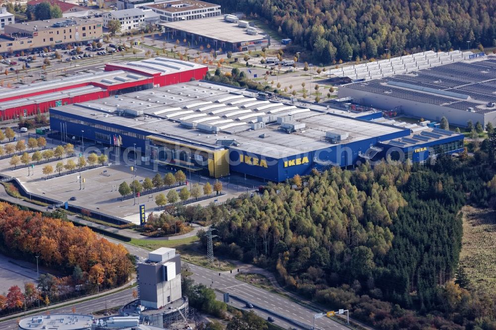 Brunnthal from above - Commercial site Taufkirchen near Munich in the state Bayern. In the image building of the companies Ikea, Hagebaumarkt, Metro