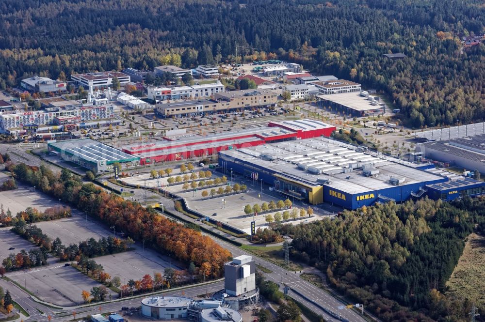 Aerial image Brunnthal - Commercial site Taufkirchen near Munich in the state Bayern. In the image building of the companies Ikea, Hagebaumarkt, Metro