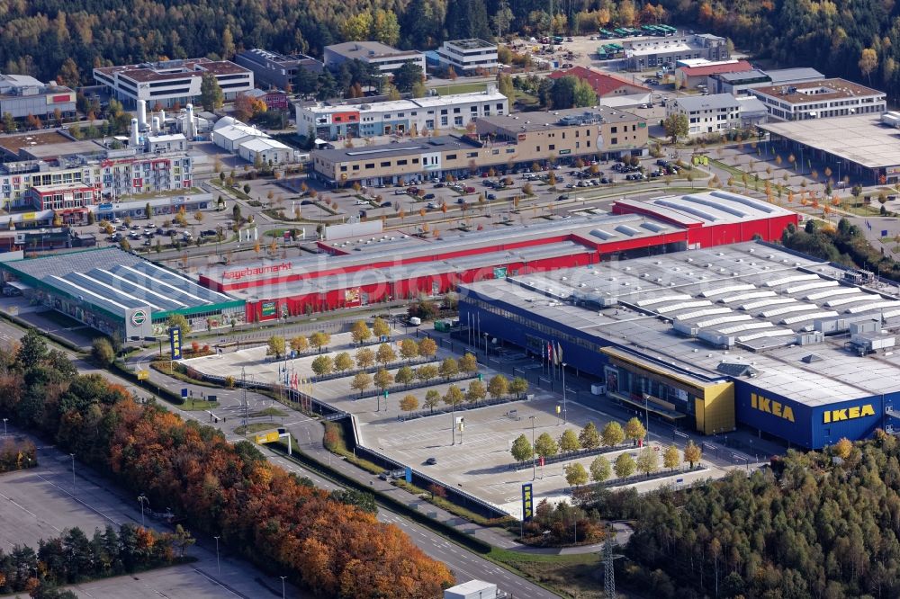 Aerial photograph Brunnthal - Commercial site Taufkirchen near Munich in the state Bayern. In the image building of the companies Ikea, Hagebaumarkt, Metro