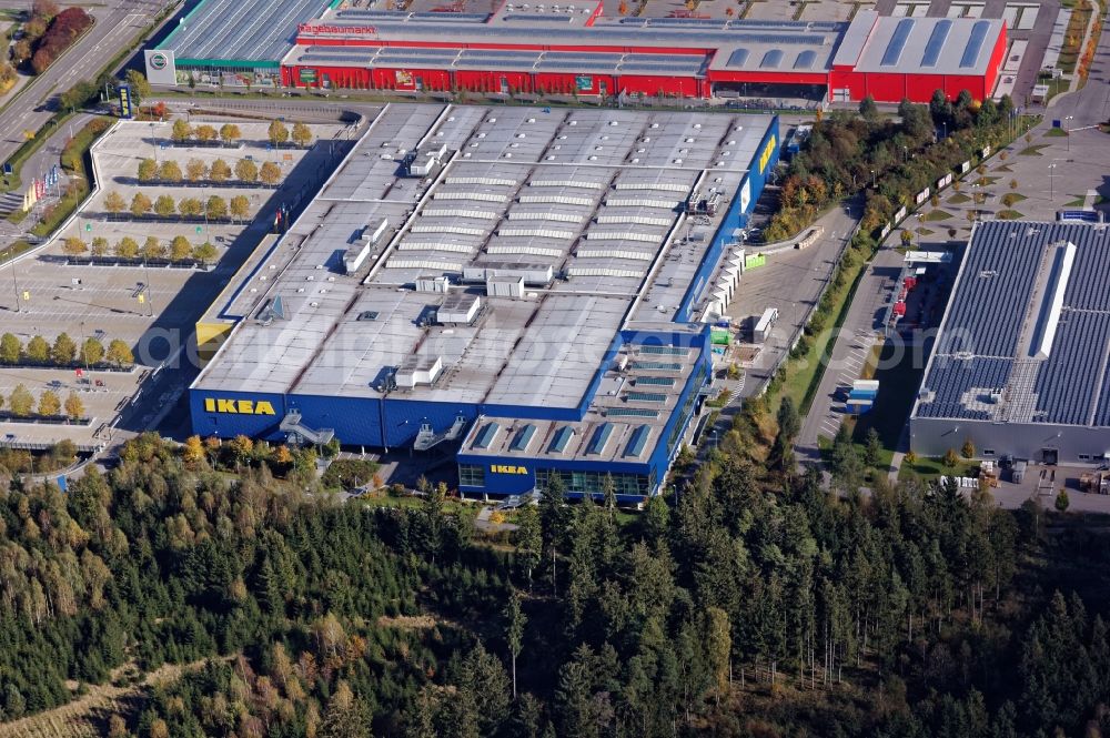 Brunnthal from above - Commercial site Taufkirchen near Munich in the state Bayern. In the image building of the companies Ikea, Hagebaumarkt, Metro