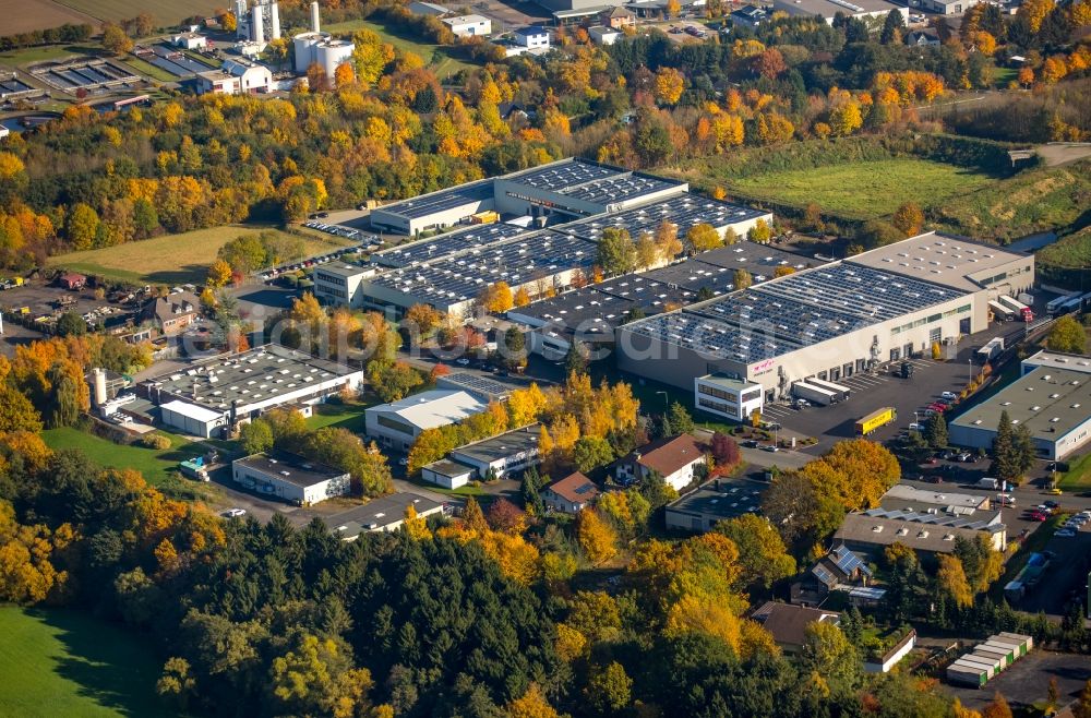 Aerial image Bergheim Bachum - Industrial estate and company settlement in Arnsberg in the state North Rhine-Westphalia. The area is surrounded by yellow deciduous trees