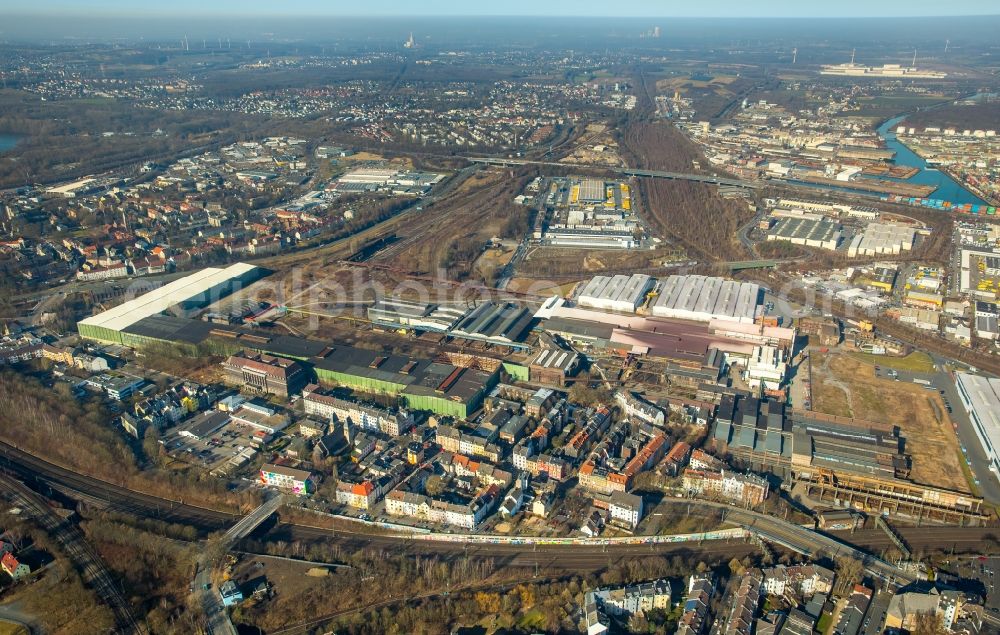 Aerial image Dortmund - Industrial estate and company settlement Union Gewerbehof in Dortmund in the state of North Rhine-Westphalia. The former industrial area with its historic factories and halls includes small companies today