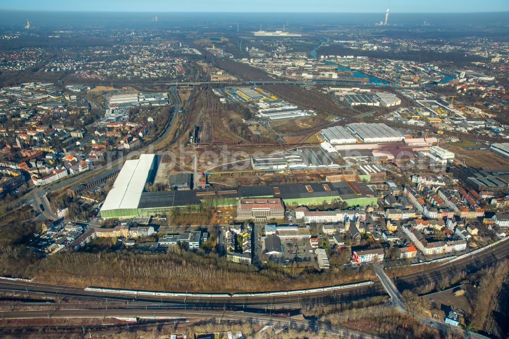 Aerial photograph Dortmund - Industrial estate and company settlement Union Gewerbehof in Dortmund in the state of North Rhine-Westphalia. The former industrial area with its historic factories and halls includes small companies today