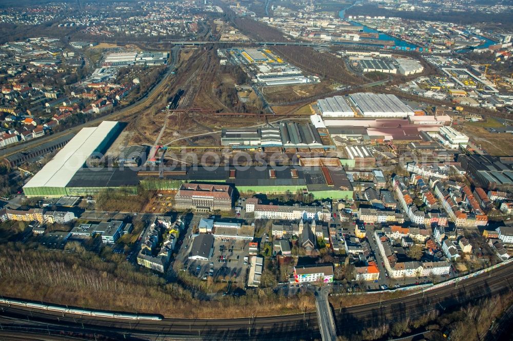 Dortmund from above - Industrial estate and company settlement Union Gewerbehof in Dortmund in the state of North Rhine-Westphalia. The former industrial area with its historic factories and halls includes small companies today