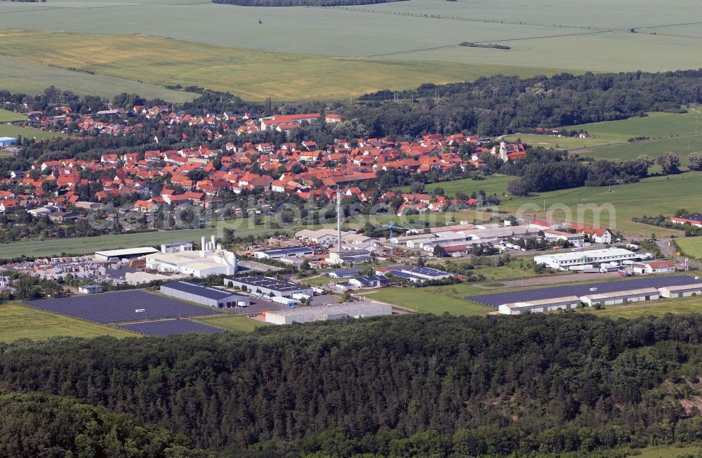 Wandersleben from above - South of Wan dersleben in the state of Thuringia, the commercial area is. On the grounds are, among others, the FCN concrete plants basalt Werke GmbH & Co. KG and the Comtel Hotel Wan dersleben