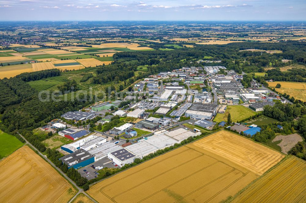 Wickede (Ruhr) from above - Aerial view of Westerhaar industrial park with forest damage due to clear cutting and spruce felling in Wickede (Ruhr) in the German state of North Rhine-Westphalia, Germany