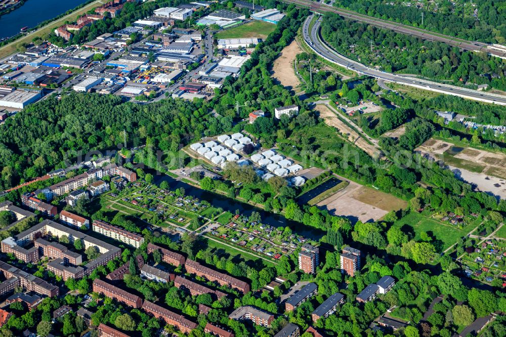 Hamburg from above - Business park in the industrial area Stenzelring on street Stenzelring in Hamburg, Germany