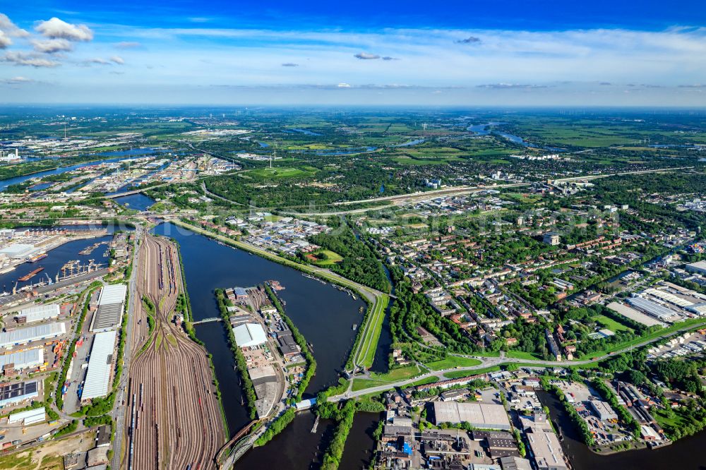 Hamburg from the bird's eye view: Business park in the industrial area Stenzelring on street Stenzelring in Hamburg, Germany