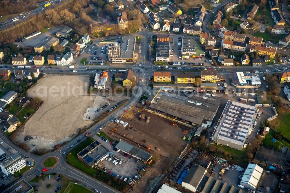 Aerial image Bochum - Industrial estate and residential area beneath the roads Rensingstrasse and Herner Strasse in Bochum in the state North Rhine-Westphalia