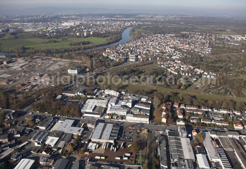 Offenbach am Main from above - Industrial estate and company settlement and residential area in the district Buergel in Offenbach am Main in the state Hesse