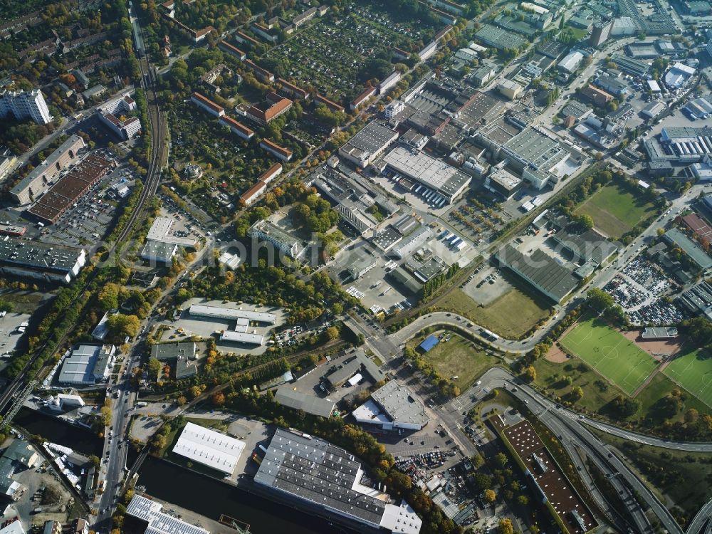 Berlin from above - Industrial estate and company settlement between Grenzallee and Neukoellnischer Allee in the South of the Neukoelln district in Berlin in Germany. Residential estates are located in its East, the federal motorway A113 and Teltow canal