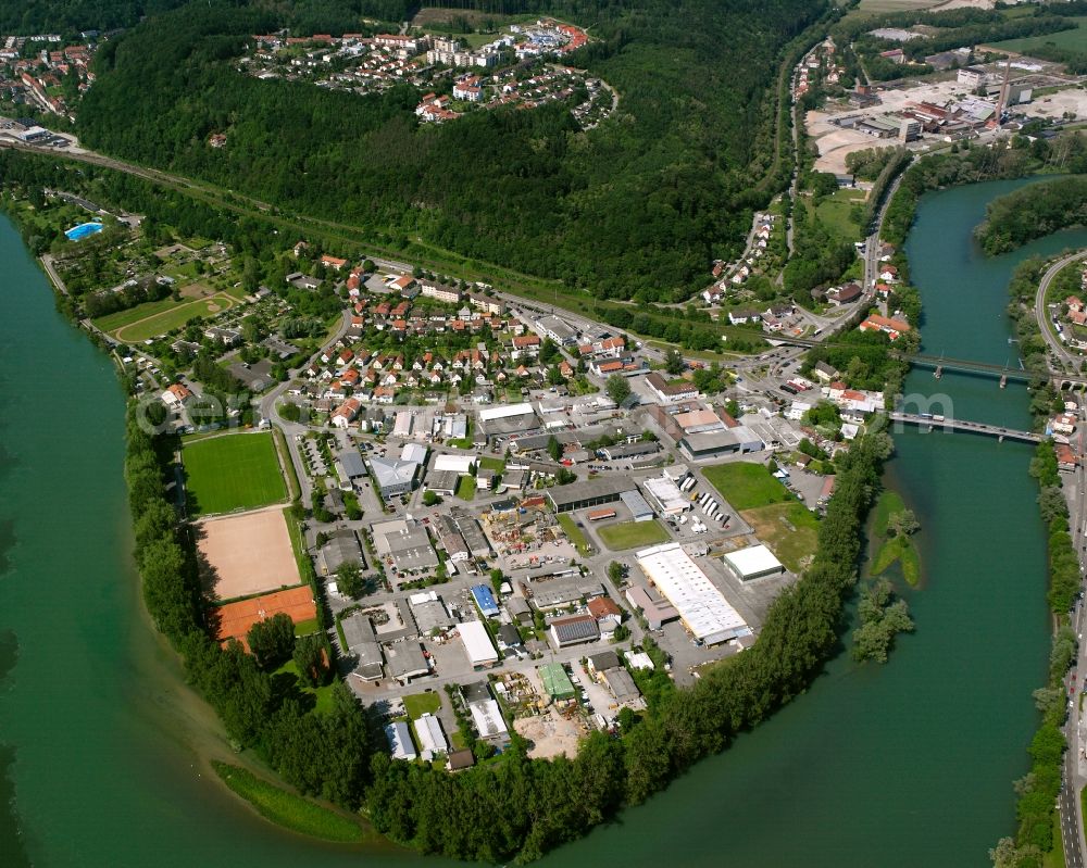 Waldshut-Tiengen from above - Commercial areas and company settlements Schmittenau and Hochrheinpark in Waldshut-Tiengen in the state Baden-Wuerttemberg, Germany
