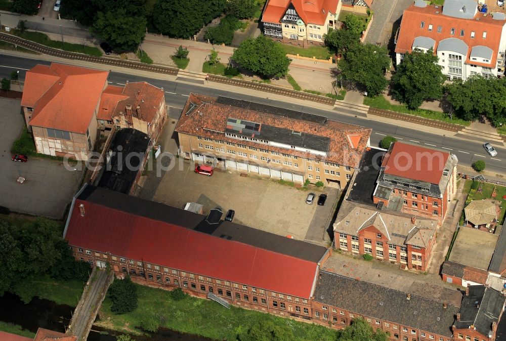 Nordhausen from the bird's eye view: In the Grimmelallee of Nordhausen in Thuringia is this historic industrial complex. Among other things, the ESTRA Engine Spares Trading GmbH has its place