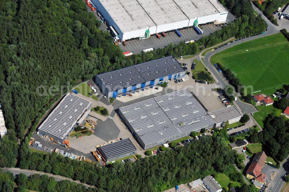 Unna from above - Gewerbehof im Industriegebiet Nord mit zwei Logistikhallen, ein Bürogebäude mit Lagerhalle und eine Lager- und Produktionshalle an der Dreherstraßein Unna in Nordrhein-Westfalen / North Rhine-Westphalia. Ein Projekt der Unternehmensgruppe Markus Gerold.