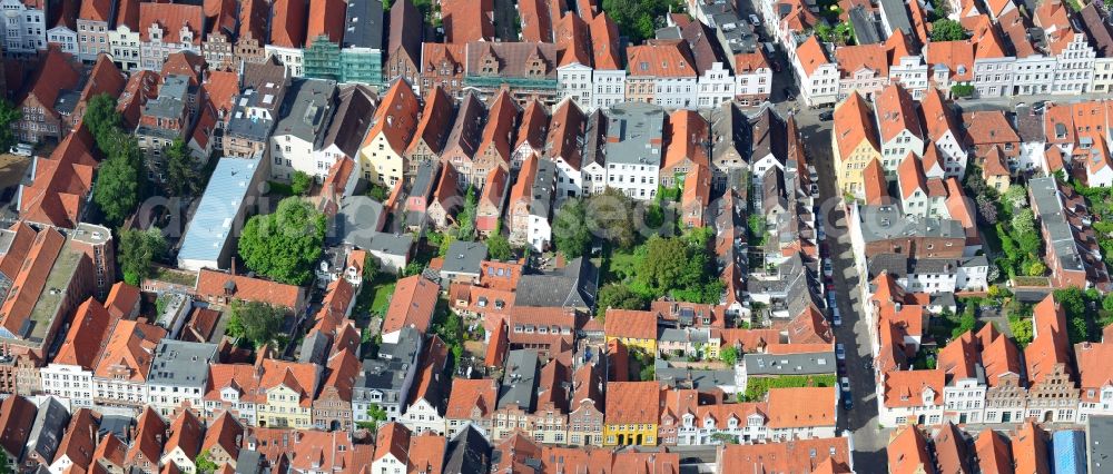 Lübeck from above - Gabled houses of the old town in the center of Luebeck in Schleswig-Holstein