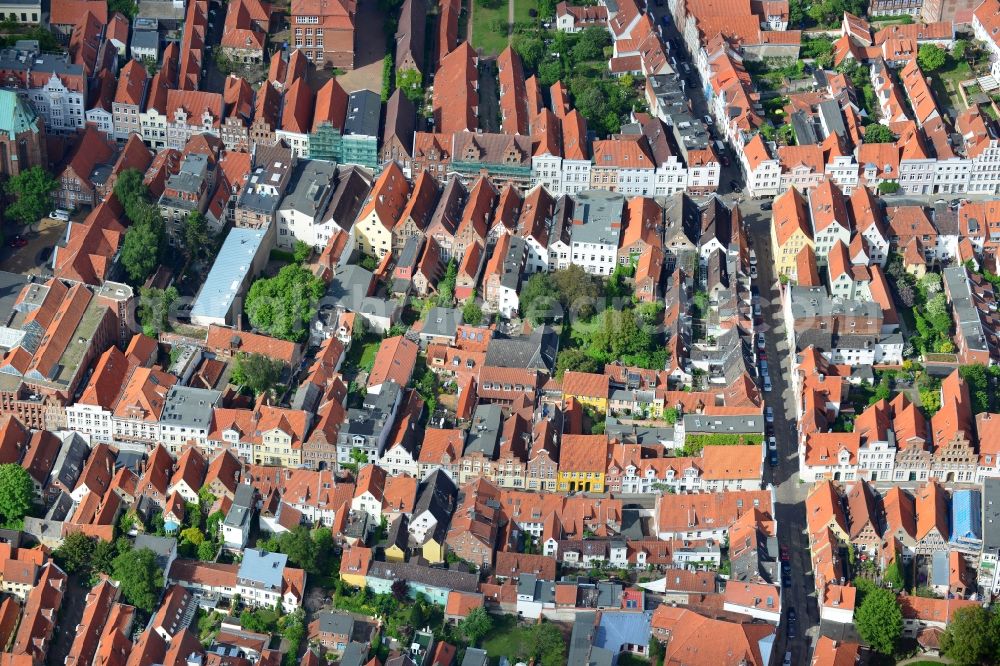 Lübeck from the bird's eye view: Gabled houses of the old town in the center of Luebeck in Schleswig-Holstein