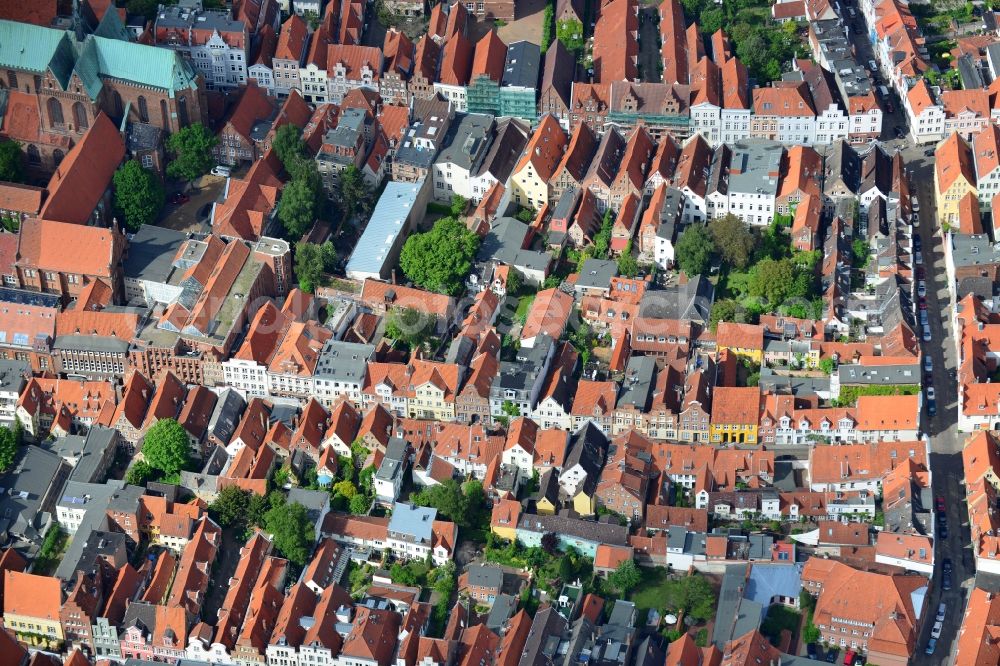 Aerial image Lübeck - Gabled houses of the old town in the center of Luebeck in Schleswig-Holstein