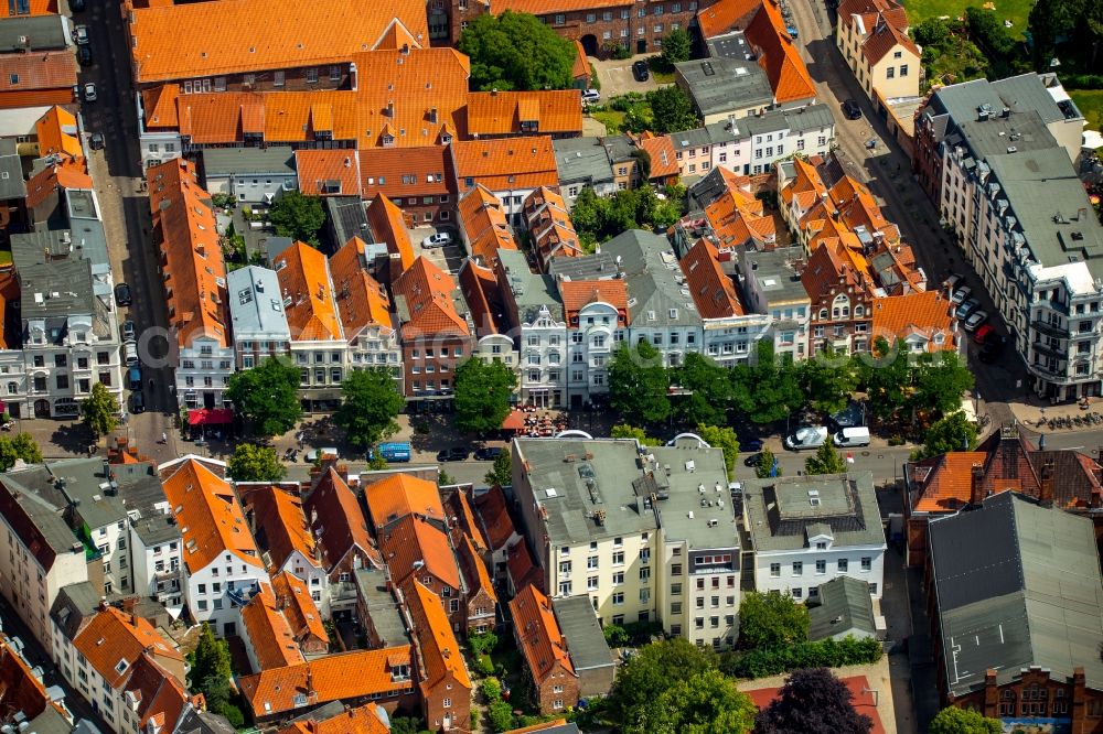 Lübeck from the bird's eye view: Gabled houses of the old town in the center of Luebeck in Schleswig-Holstein