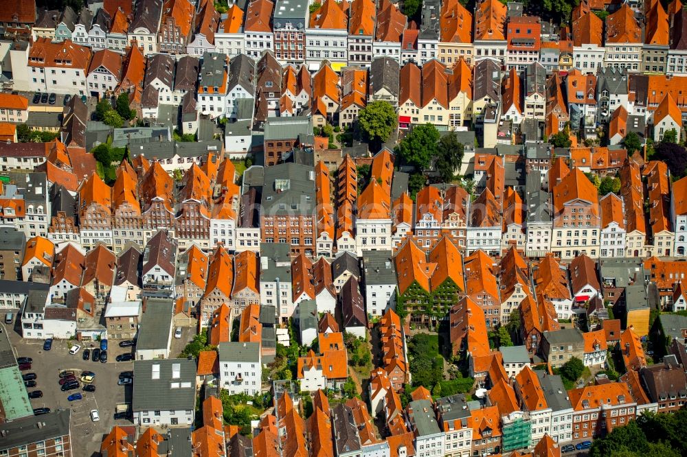 Aerial image Lübeck - Gabled houses of the old town in the center of Luebeck in Schleswig-Holstein