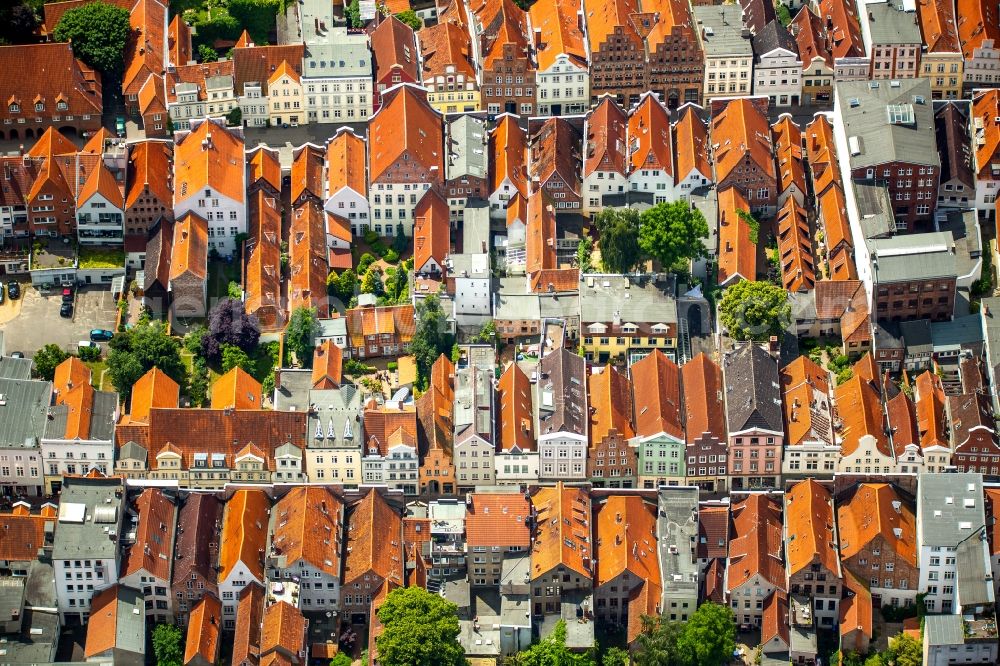 Lübeck from above - Gabled houses of the old town in the center of Luebeck in Schleswig-Holstein