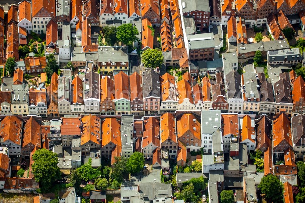 Lübeck from the bird's eye view: Gabled houses of the old town in the center of Luebeck in Schleswig-Holstein