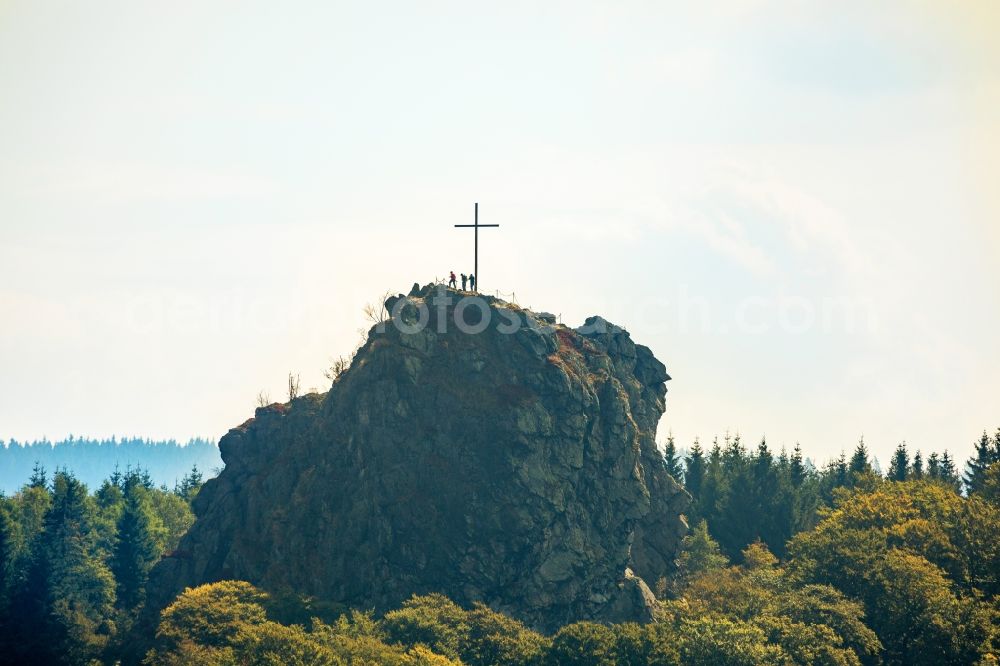 Aerial image Olsberg - Rocky and mountainous landscape of Feldstein - Landschaft Bruchhauser Steine in Olsberg in the state North Rhine-Westphalia, Germany