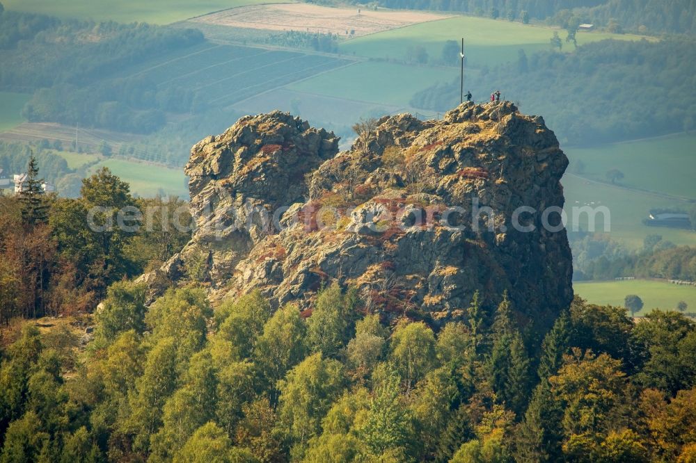 Aerial image Olsberg - Rocky and mountainous landscape of Feldstein - Landschaft Bruchhauser Steine in Olsberg in the state North Rhine-Westphalia, Germany