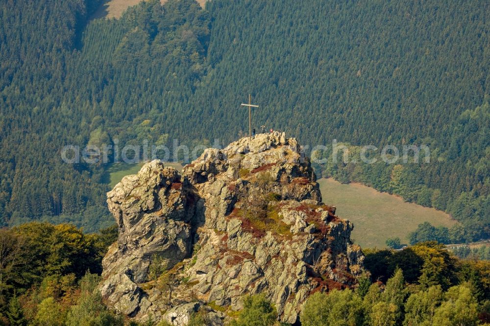 Olsberg from the bird's eye view: Rocky and mountainous landscape of Feldstein - Landschaft Bruchhauser Steine in Olsberg in the state North Rhine-Westphalia, Germany