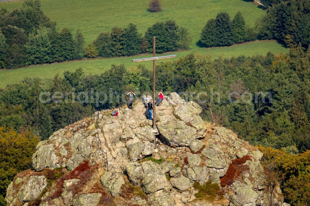 Aerial image Olsberg - Rocky and mountainous landscape of Feldstein - Landschaft Bruchhauser Steine in Olsberg in the state North Rhine-Westphalia, Germany