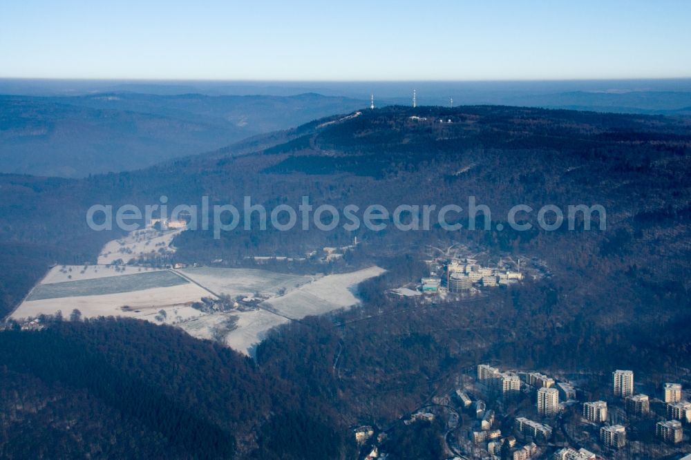 Heidelberg from the bird's eye view: Peak of Koenigstuhl in the forest and mountainous landscape in Heidelberg in the state Baden-Wuerttemberg