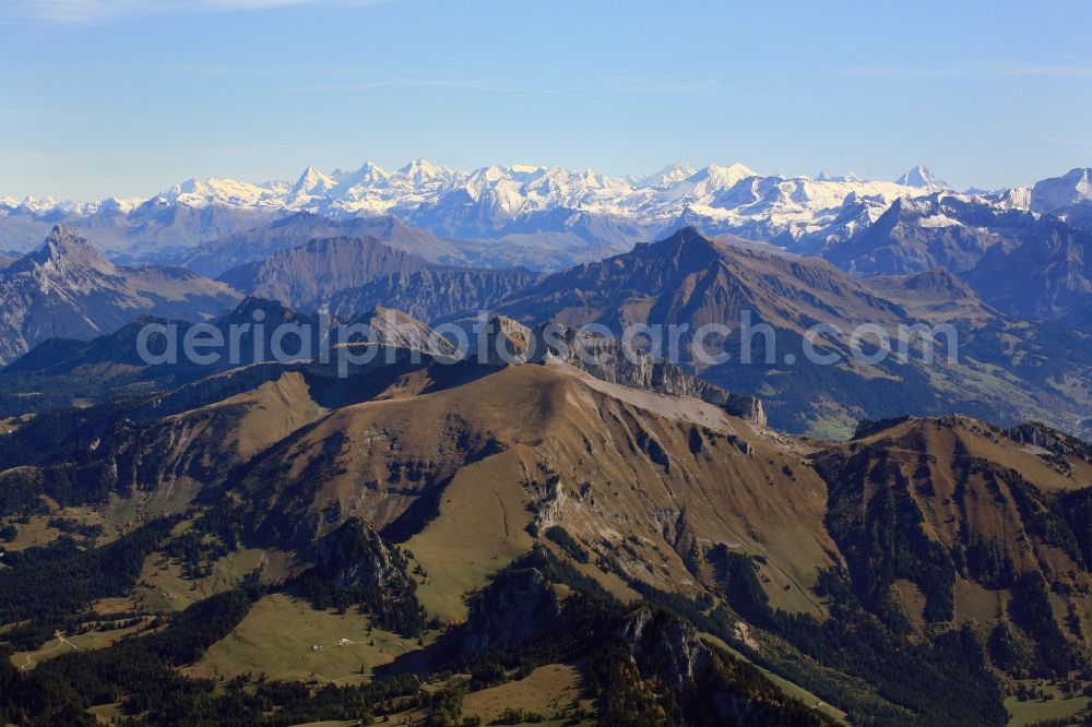 Leysin from above - Rocky and mountainous landscape with summit Tour d'Ai in the Alps, region Aigle in Leysin in the canton Waadt, Switzerland