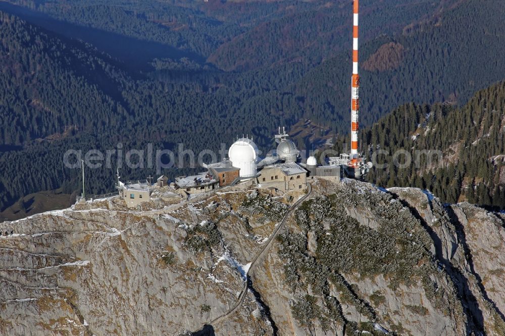 Fischbachau from the bird's eye view: Rock and mountain landscape Wendelstein in Fischbachau in the state Bavaria Peak of Wendelstein massif at Bayrischzell in Bavaria. The radio transmission system with its distinctive antenna is operated by the Bayerischer Rundfunk. Also pictured observatory, weather station and the Wendelstein chapel