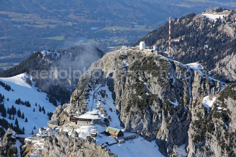 Aerial image Bayrischzell - Peak of Wendelstein massif at Bayrischzell in Bavaria. The radio transmission system with its distinctive antenna is operated by the Bayerischer Rundfunk. Also pictured observatory, weather station and the Wendelstein chapel