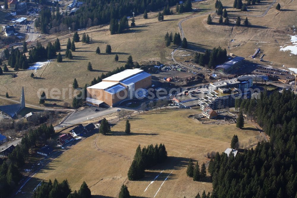 Aerial image Feldberg (Schwarzwald) - Almost without snow is the summit region of the highest mountain in the Black Forest, the Feldberg in Feldberg (Schwarzwald) in Baden-Wuerttemberg. In time for the winter season and the Christmas holidays the car park has been finished on the Seebuck. But there is no snow for winter sports