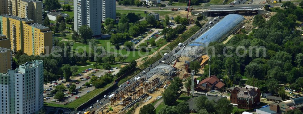 Aerial image Warschau - View of the glass roof mounting for expansion of the expressway Trasa Armii Krajowej in Warsaw in Poland