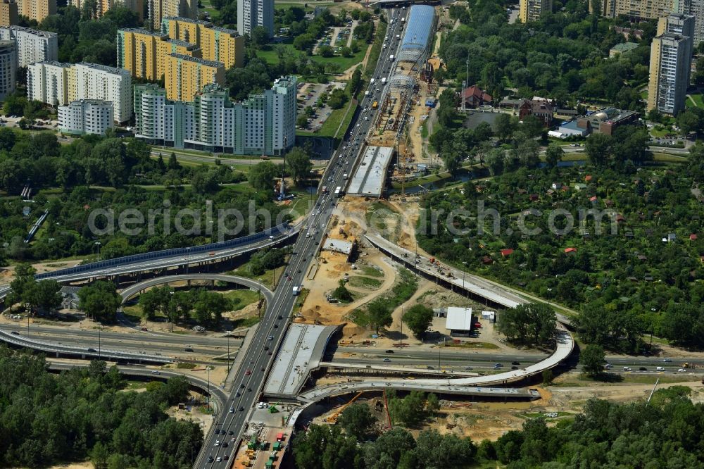 Warschau from above - View of the glass roof mounting for expansion of the expressway Trasa Armii Krajowej in Warsaw in Poland