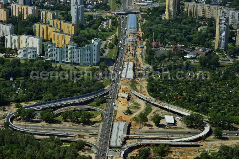 Aerial image Warschau - View of the glass roof mounting for expansion of the expressway Trasa Armii Krajowej in Warsaw in Poland