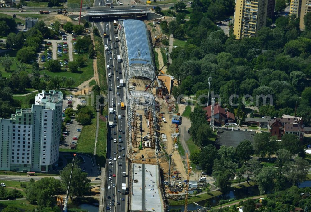 Warschau from above - View of the glass roof mounting for expansion of the expressway Trasa Armii Krajowej in Warsaw in Poland