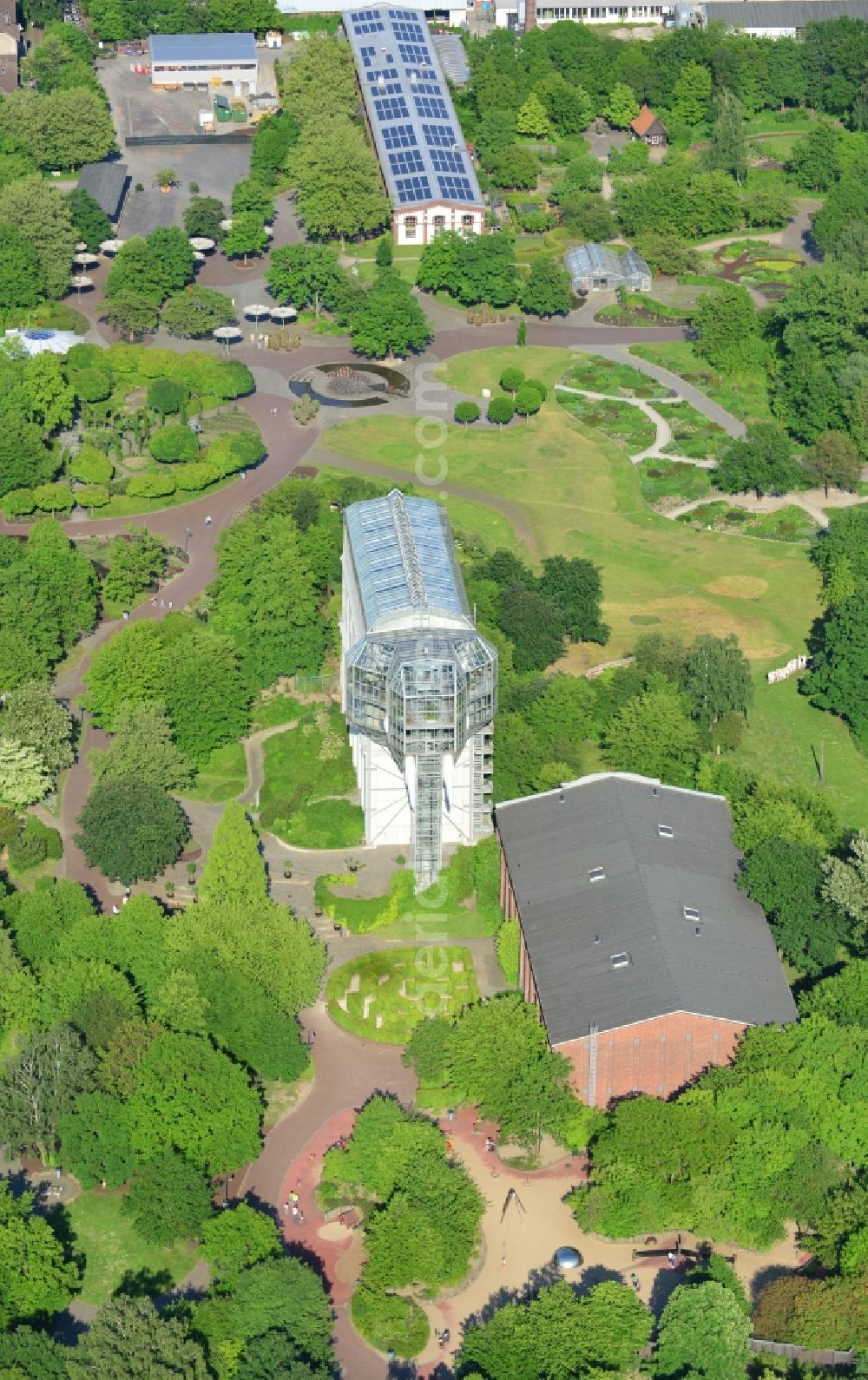 Hamm from the bird's eye view: The former building of the coal washing plant was rebuilt in 1984 by the artist and architect Horst Rellecke. The Glass Elephant is in the Maximilian Park in Hamm in North Rhine-Westphalia, is landmark of Hamm and offers panoramic views