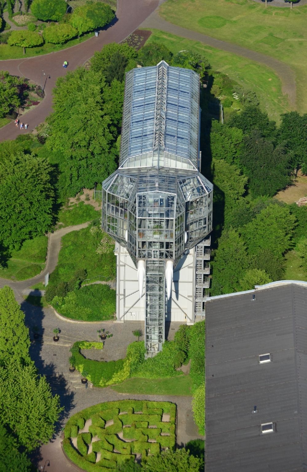 Aerial image Hamm - The former building of the coal washing plant was rebuilt in 1984 by the artist and architect Horst Rellecke. The Glass Elephant is in the Maximilian Park in Hamm in North Rhine-Westphalia, is landmark of Hamm and offers panoramic views