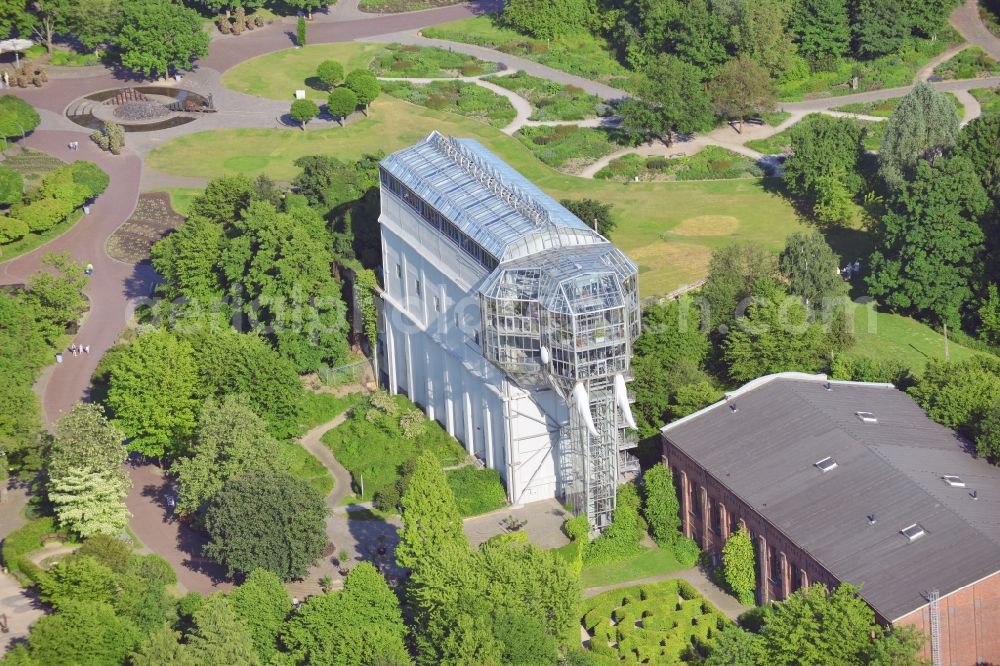 Aerial image Hamm - The former building of the coal washing plant was rebuilt in 1984 by the artist and architect Horst Rellecke. The Glass Elephant is in the Maximilian Park in Hamm in North Rhine-Westphalia, is landmark of Hamm and offers panoramic views