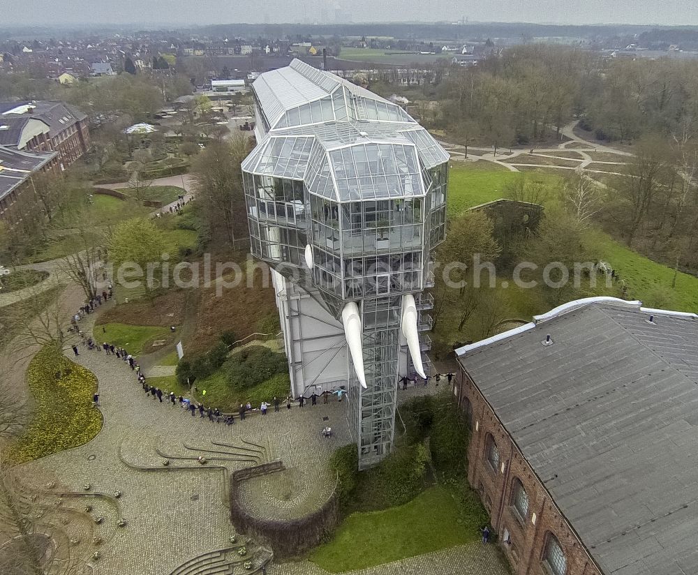 Hamm from above - The former building of the coal washing plant was rebuilt in 1984 by the artist and architect Horst Rellecke. The Glass Elephant is in the Maximilian Park in Hamm in North Rhine-Westphalia, is landmark of Hamm and offers panoramic views