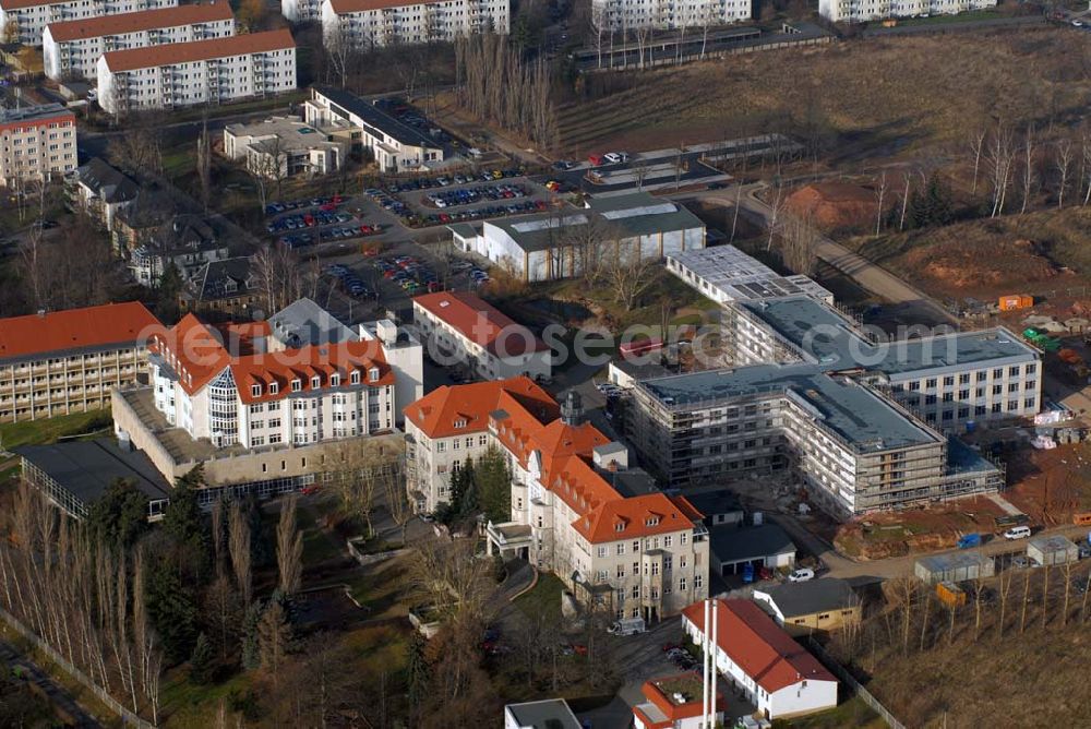 Aerial image Glauchau - Blick auf das Gelände des Kreiskrankenhaus Rudolf Virchow mit der Baustelle des Erweiterungsbau. Kontakt: Kreiskrankenhaus Rudolf Virchow gGmbH Glauchau, Virchowstraße 18, 08371 Glauchau, Tel. 03763 43-0, E-Mail info@kreiskrankenhaus-glauchau.de,