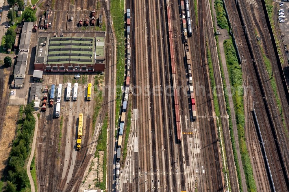 Offenburg from above - Tracks of Abstellgleise and Rongier Anlagen at the depot of the operating plant in Offenburg in the state Baden-Wurttemberg, Germany