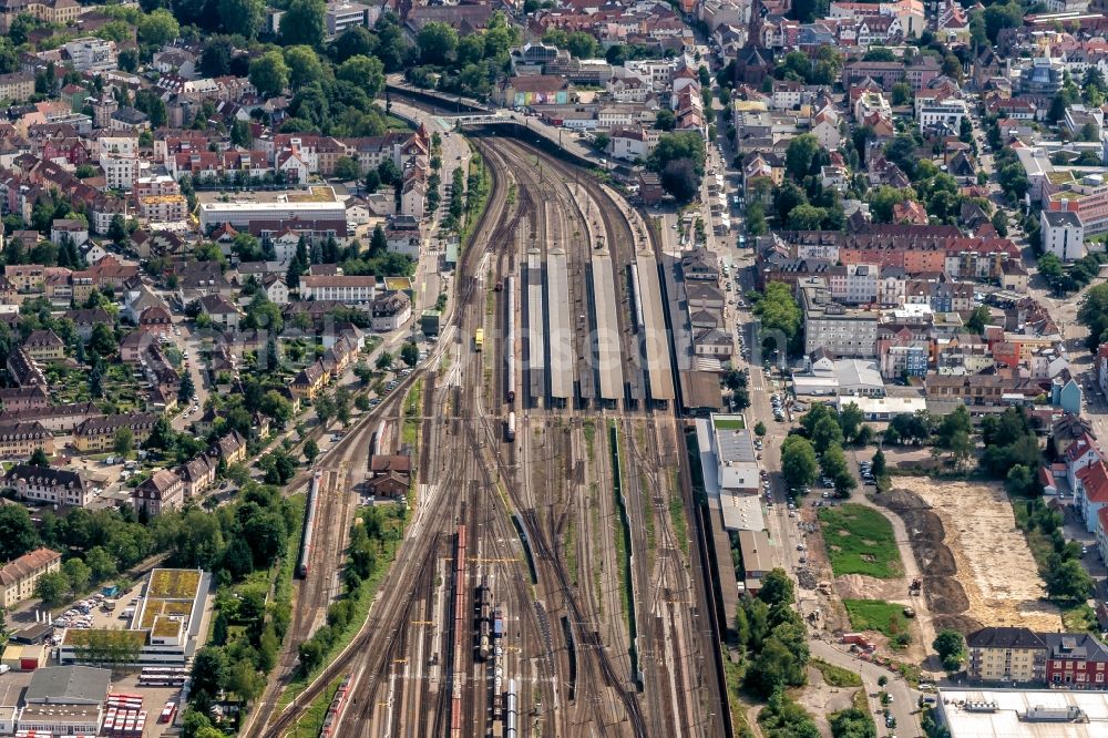 Aerial image Offenburg - Tracks of Abstellgleise and Rongier Anlagen at the depot of the operating plant in Offenburg in the state Baden-Wurttemberg, Germany