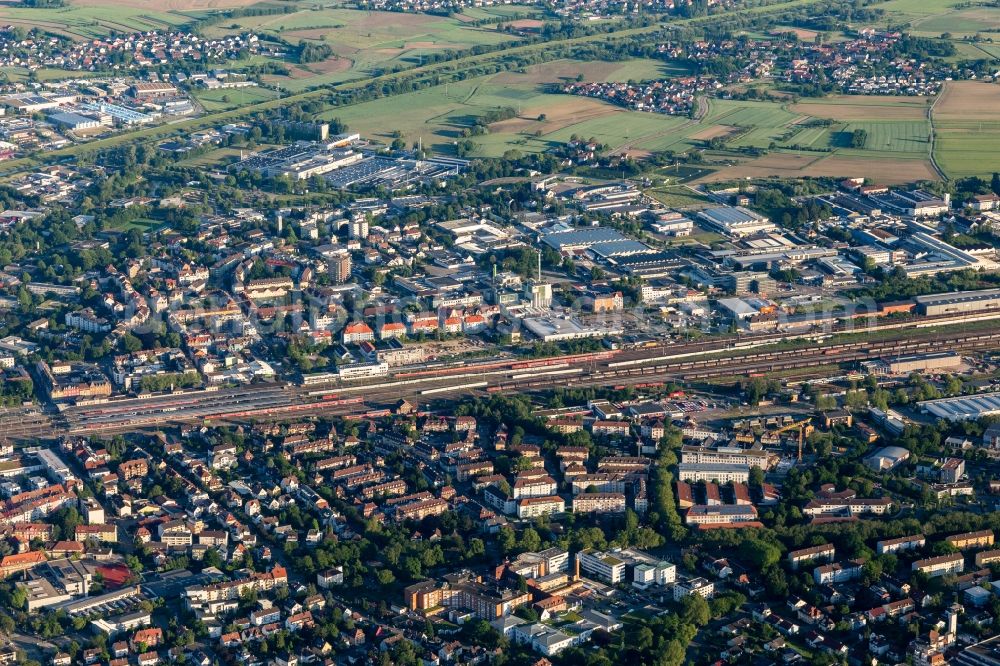 Offenburg from the bird's eye view: Tracks of Abstellgleise and Rongier Anlagen at the depot of the operating plant in Offenburg in the state Baden-Wurttemberg, Germany