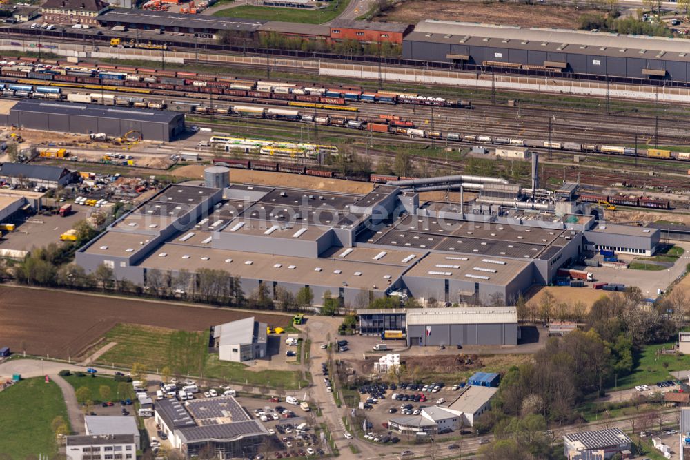 Offenburg from above - Tracks of Abstellgleise and Rongier Anlagen at the depot of the operating plant in Offenburg in the state Baden-Wurttemberg, Germany